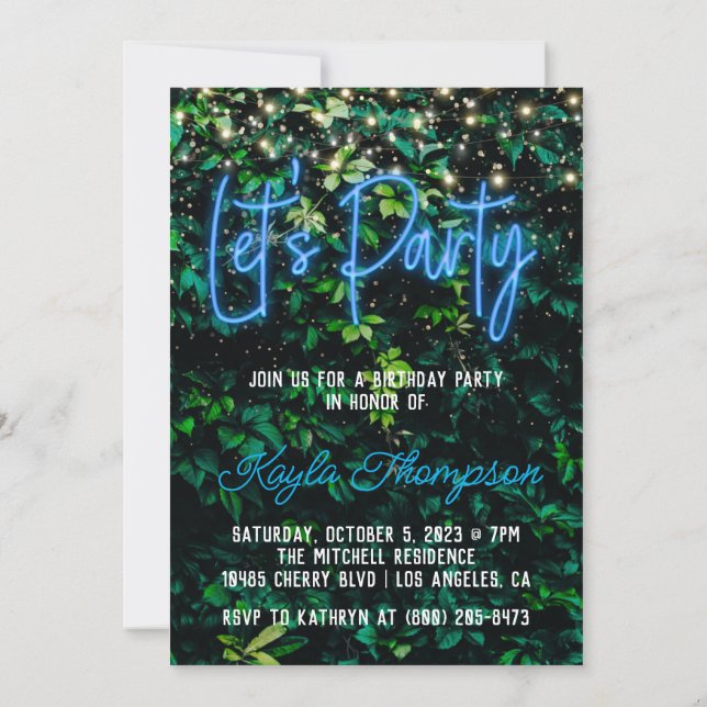 Neon Greenery Green Wall Let's Party Invitation (Back)