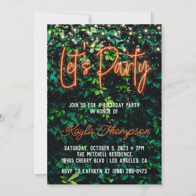 Neon Greenery Green Wall Let's Party Invitation (Back)