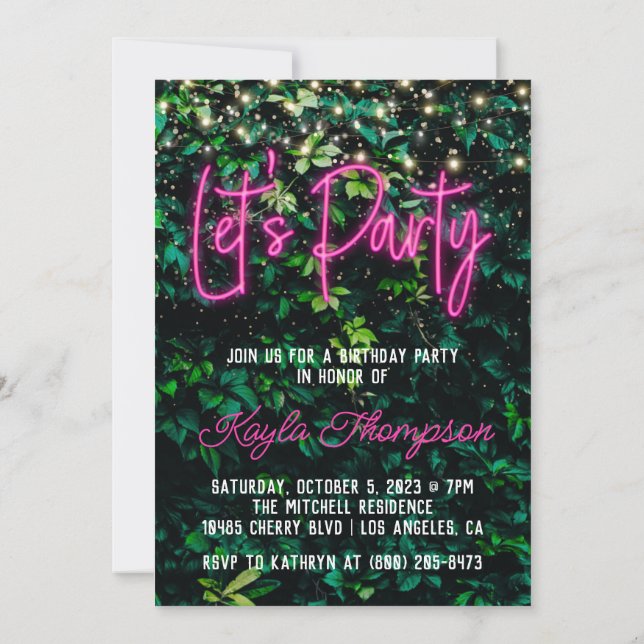 Neon Greenery Green Wall Let's Party Invitation (Back)