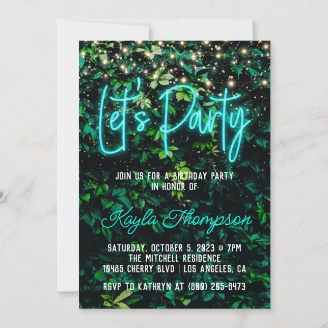 Neon Greenery Green Wall Let's Party Invitation (Back)