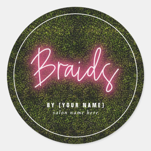 Neon Greenery Hair Salon Business Braids Classic Round Sticker (Front)
