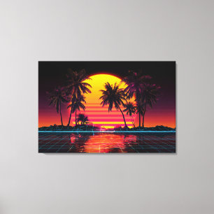 Neon Grid Palm Sunset Canvas Print