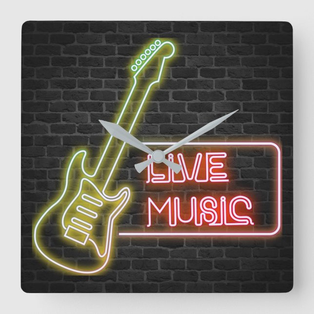 Neon guitar sign on brick square wall clock (Front)