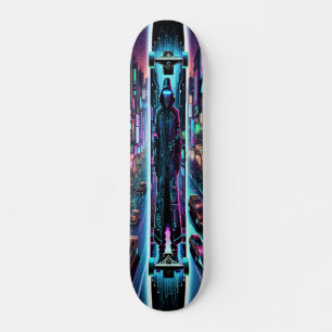 "Neon Hacker: Cyberpunk Cityscape Skateboard