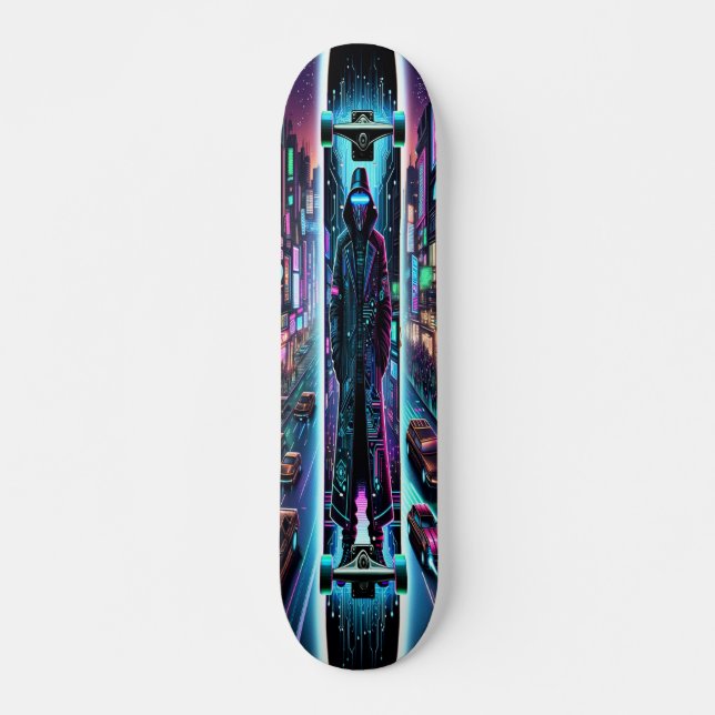 "Neon Hacker: Cyberpunk Cityscape  Skateboard (Front)