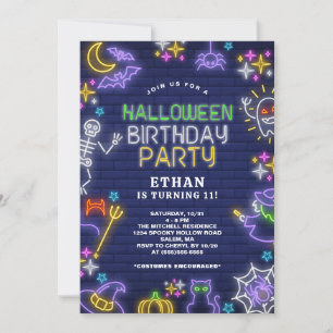Neon Halloween 11th Birthday Party Invitation