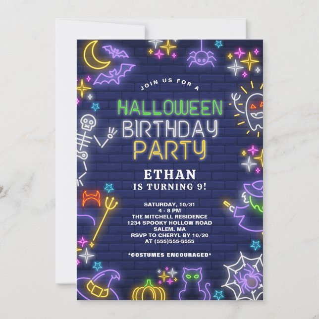 Neon Halloween 9th Birthday Party Invitation (Front)