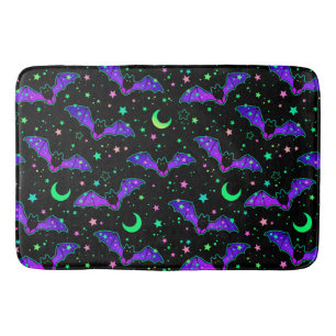 Neon Halloween Bats, Moons and Stars Bath Mat