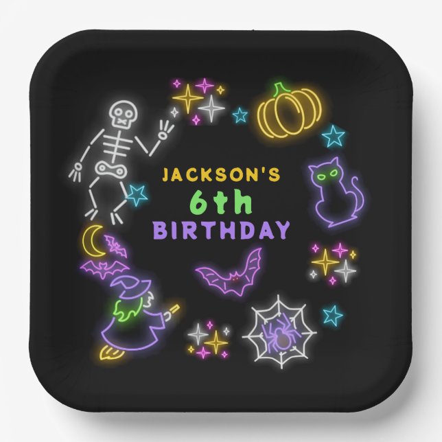 Neon Halloween Boys 6th Birthday Costume Party Paper Plate (Front)