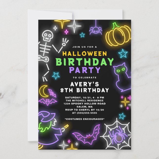 Neon Halloween Boys 8th Birthday Costume Party Invitation (Front)