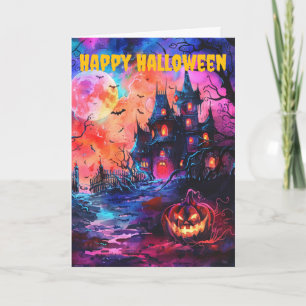 Neon Halloween Haunted Castle Holiday Card