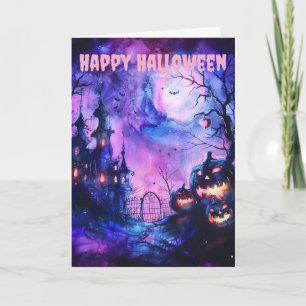 Neon Halloween Haunted Castle Holiday Card