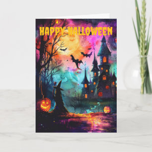 Neon Halloween Haunted Castle Holiday Card