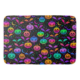 Neon Halloween Jack=O=Lanterns Bats and Stars Bath Mat