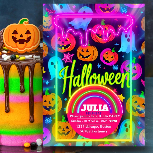 Neon Halloween light rainbow Glowing Ghost party Invitation (Creator Uploaded)