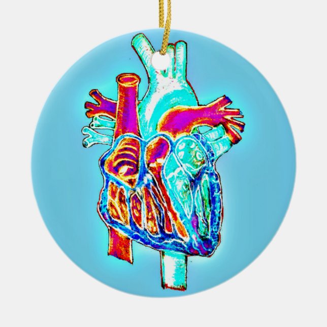 Neon Hand Drawn Anatomical Heart Ceramic Ornament (Front)