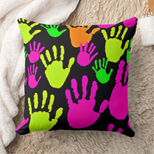 Neon Handprint Graffiti Pattern Throw Pillow