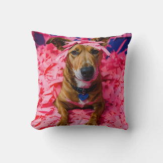 Neon Happy Dog Sitting Beside Shredded Paper Chaos Throw Pillow