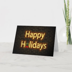 Neon Happy Holiday sign on brick wall Card