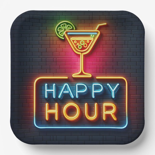 Neon Happy Hour Sign Paper Plate (Front)