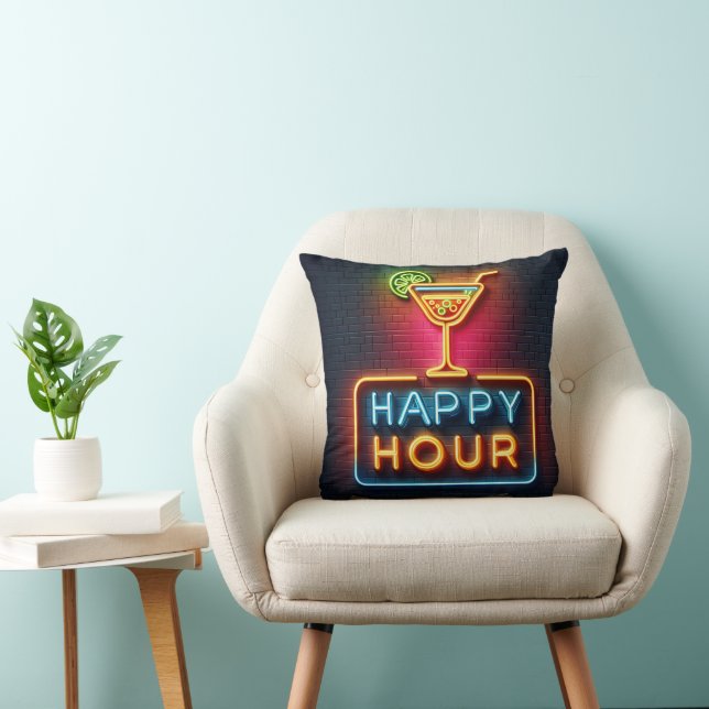 Neon Happy Hour Sign Throw Pillow (Chair)