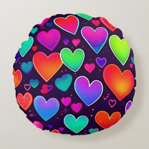 Neon Heart Symphony Round Pillow