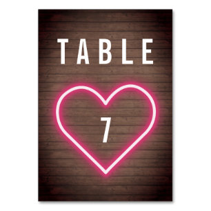 Neon Heart Wood Plank Wedding Table Number
