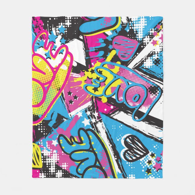Neon Hearts: Grunge Girl Pattern Fleece Blanket (Front)