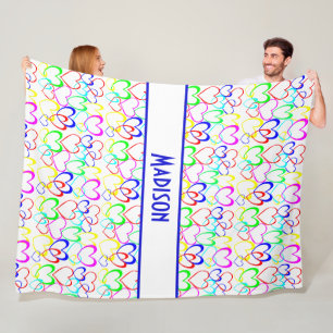 Neon Hearts on White, Personalized Fleece Blanket