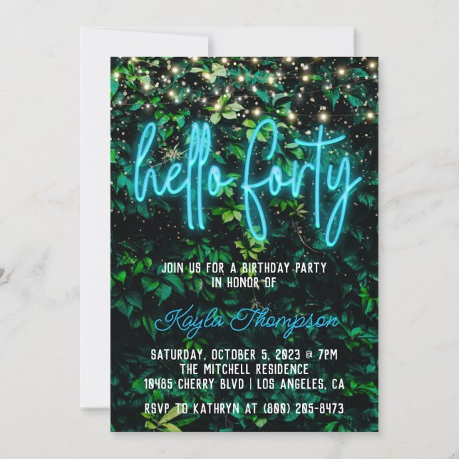 Neon Hello Forty 40th Birthday Party Invitation (Back)