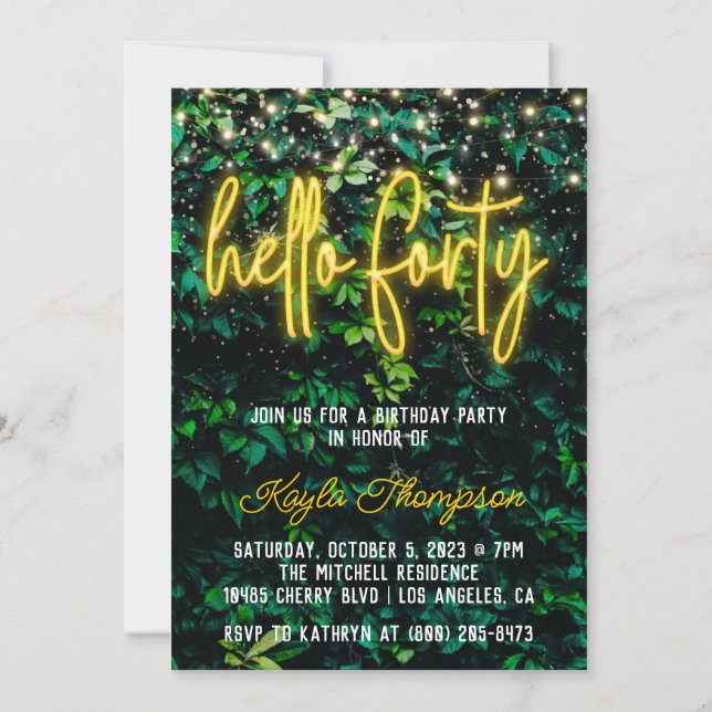 Neon Hello Forty 40th Birthday Party Invitation (Back)