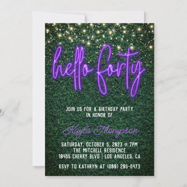 Neon Hello Forty 40th Birthday Party Invitation (Back)