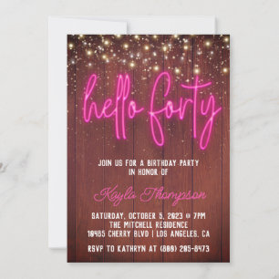 Neon Hello Quarty Wooden Birthday Invitation