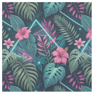Neon Hibiscus & Tropical Jungle Cyberpunk Pattern Fabric