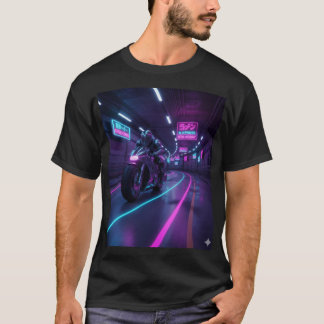 Neon Highway Rider | Cyberpunk Motorcycle Art  T-Shirt