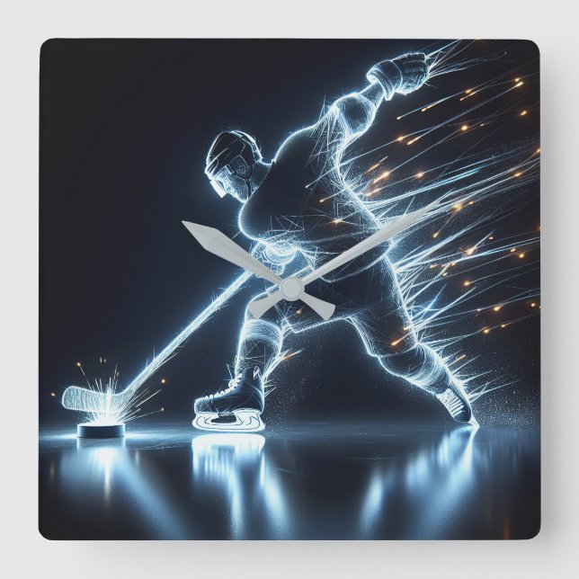 Neon Hockey Player On Ice Square Wall Clock (Front)