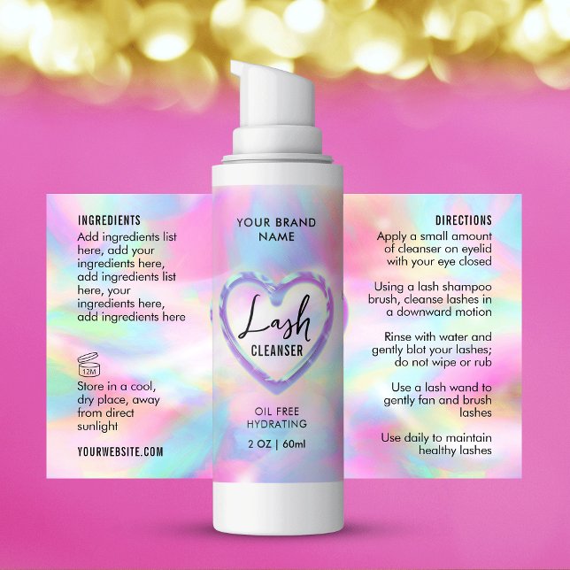 Neon Holographique Girly Lash Cleanser Étiquette b (Trendy holographic neon effect lash bath cleanser wraparound product labels )