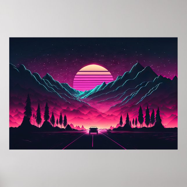 Neon Horizons: A Synthwave Mountain Drive Poster (Front)