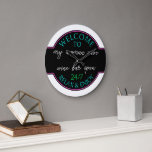 Neon Hot Pink Aqua Blue White She Shed Welcome Large Clock<br><div class="desc">Beautiful contemporary retro wall art clock with bright neon aqua turquoise, hot pink, and white coloured typography script on a black background. With room to customize or personalize with a name or text of your choice. This whimsical hipster design is made for the trendy woman with a she shed, or...</div>