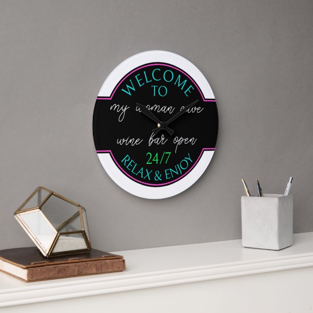 Neon Hot Pink Aqua Blue White She Shed Welcome Large Clock (Office)