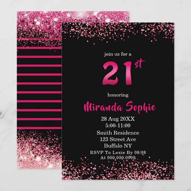 Neon Hot Pink Glitter 21st Birthday Invitations  (Front/Back)