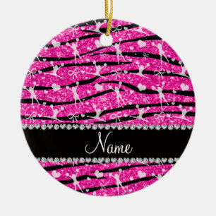 Neon hot pink glitter zebra stripes cheerleading ceramic ornament