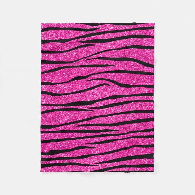Neon hot pink glitter zebra stripes fleece blanket (Front)