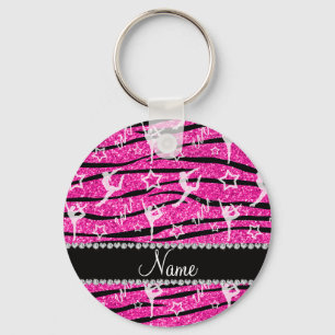 Neon hot pink gymnastics glitter zebra stripes keychain