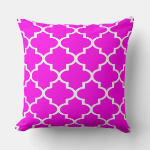 Neon Hot Pink White Quatrefoil Lattice Pillow