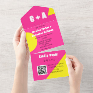 Neon Hot Pink Yellow Retro Modern Bold Elegant All In One Invitation