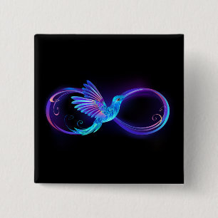 Neon Infinity Symbol with Glowing Hummingbird 2 Inch Square Button