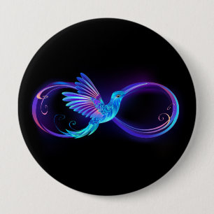 Neon Infinity Symbol with Glowing Hummingbird 4 Inch Round Button