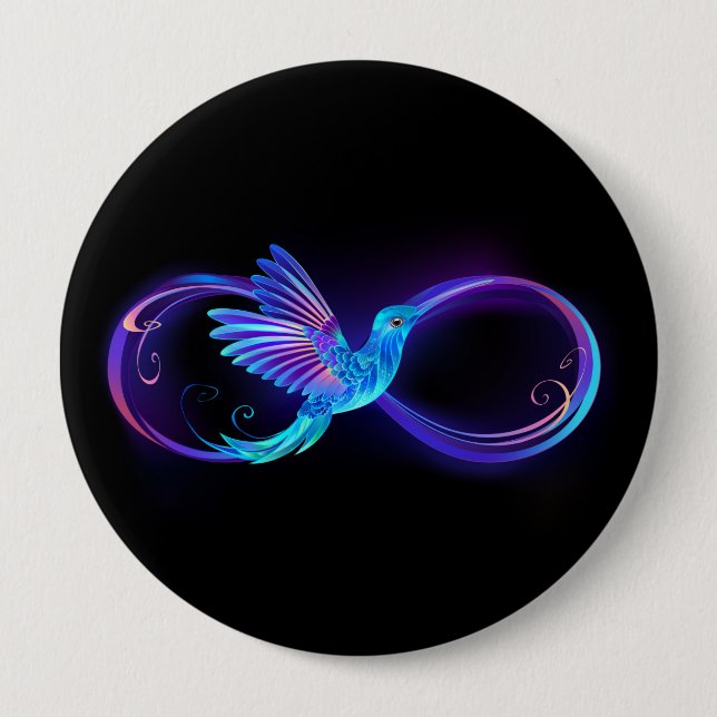 Neon Infinity Symbol with Glowing Hummingbird 4 Inch Round Button (Front)
