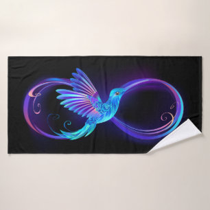 Neon Infinity Symbol with Glowing Hummingbird Bath Towel